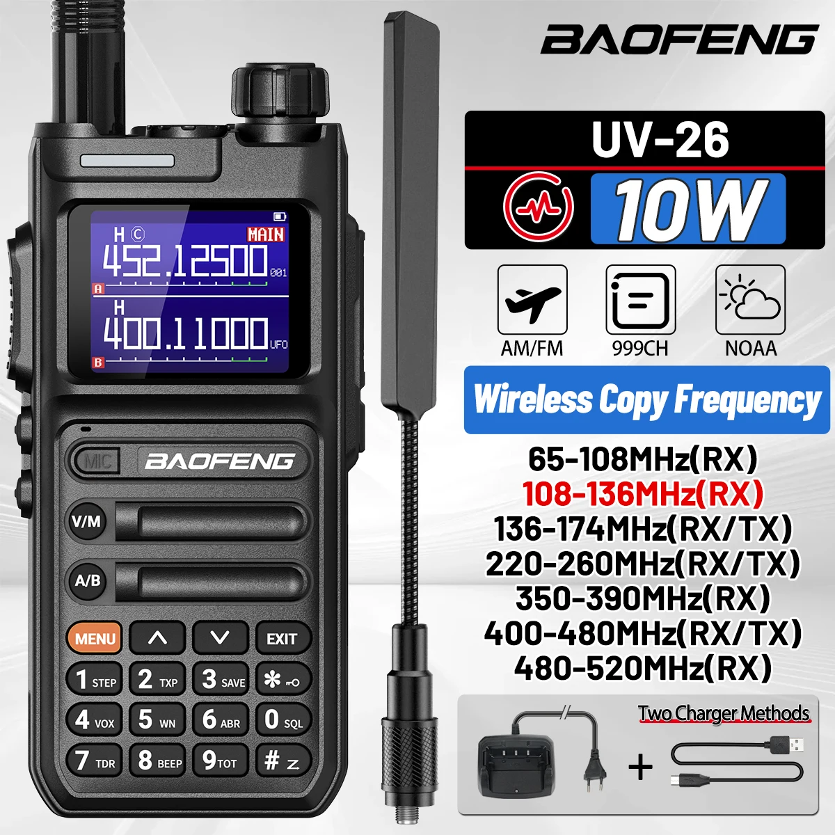 Baofeng UV-26 Walkie Talkie 10W Multi Band AM FM Wirless Copy Frequency NOAA Long Range VOX Portable Two Way Radio For Camping
Baofeng UV-26 Walkie Talkie 10W Multi Band AM FM Wirless Copy Frequency NOAA Long Range VOX Portable Two Way Radio For Camping