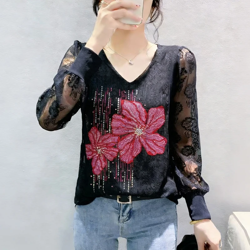 2026 Spring New Women Lace Top Fashion Women's Long Sleeve Floral Printed Shirt Patchwork Diamond Blouse
2026 Spring New Women Lace Top Fashion Women's Long Sleeve Floral Printed Shirt Patchwork Diamond Blouse