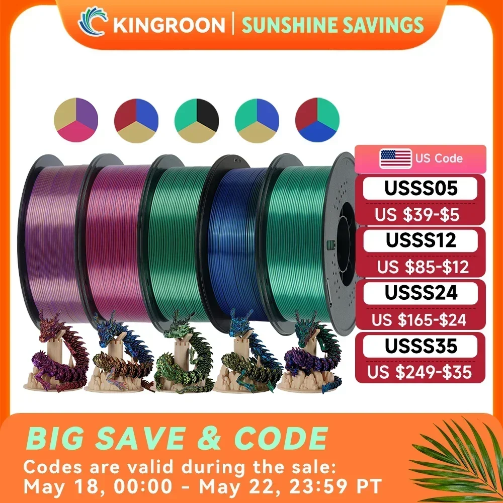KINGROON 5KG Silk Tricolor PLA Filament 1.75mm, Three-colour Coextrusion 3D Printing Material, New Color Change, 5Roll 1kg/Spool
KINGROON 5KG Silk Tricolor PLA Filament 1.75mm, Three-colour Coextrusion 3D Printing Material, New Color Change, 5Roll 1kg/Spool