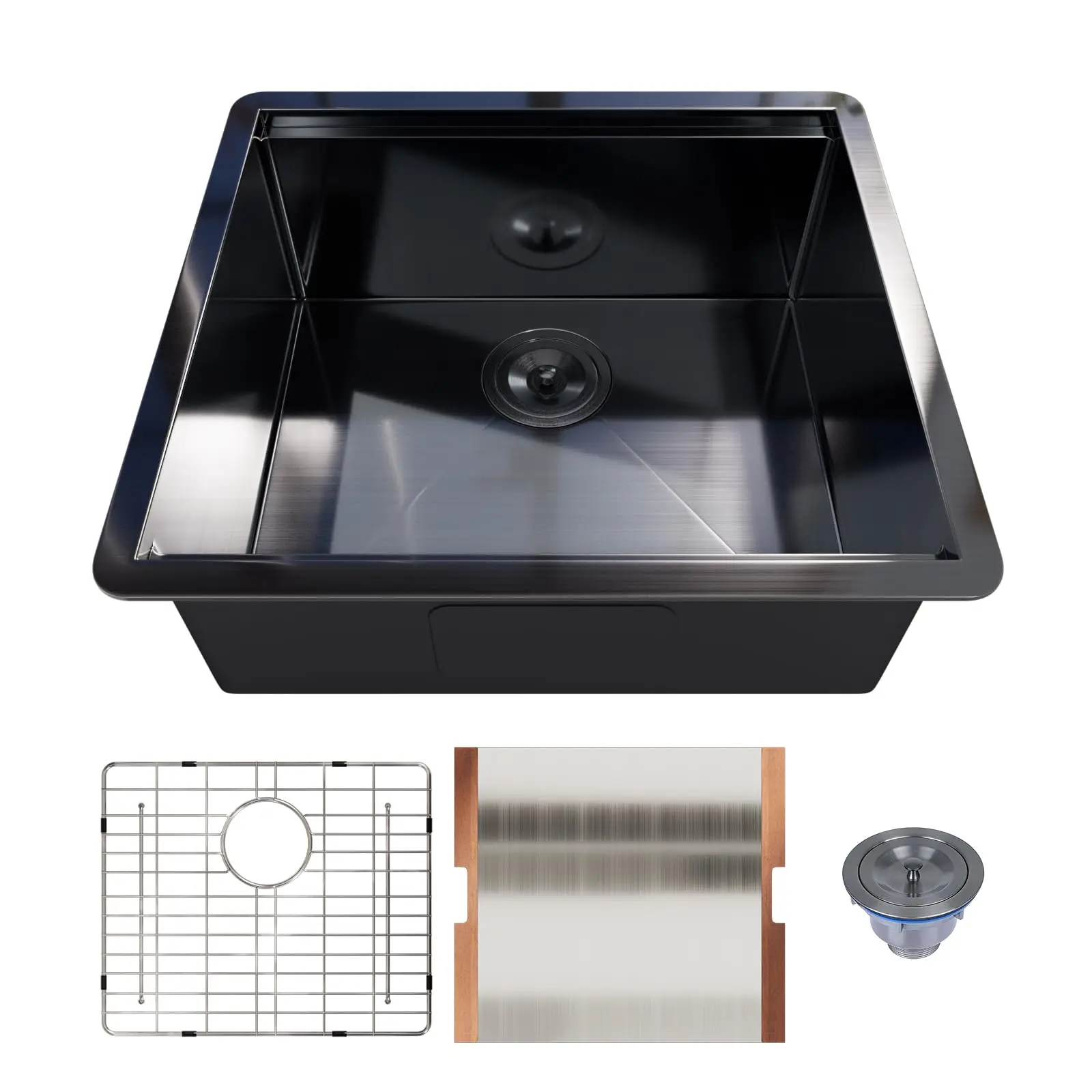 21x19 Inch Black Stainless Steel Undermount Single Bowl Kitchen Sink With Grid, Cutting Board, And Strainer
21x19 Inch Black Stainless Steel Undermount Single Bowl Kitchen Sink With Grid, Cutting Board, And Strainer