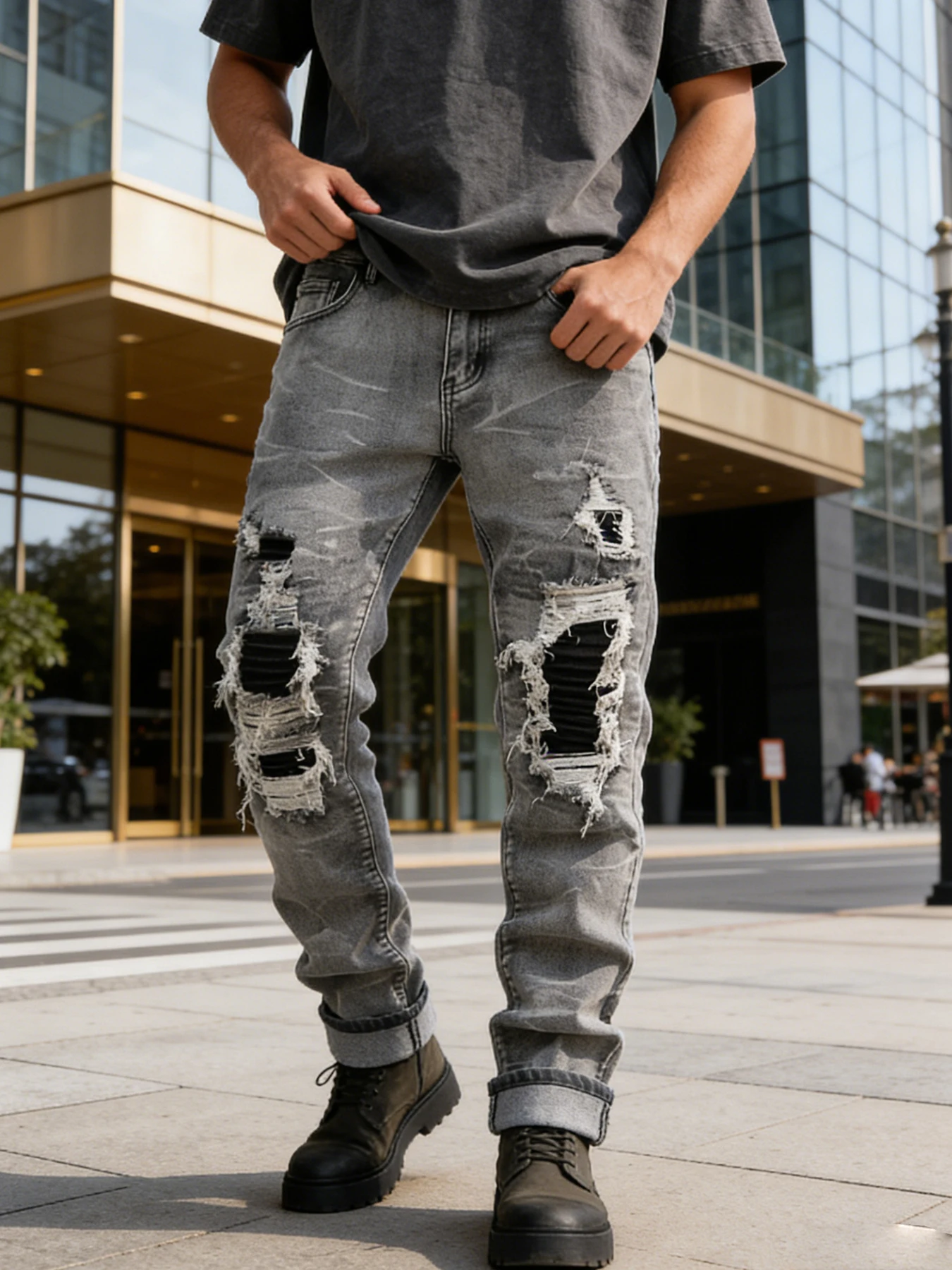 Vintage distressed ash-gray ripped jeans for men, slim fit, slimming, high-street biker style, trendy long pants
Vintage distressed ash-gray ripped jeans for men, slim fit, slimming, high-street biker style, trendy long pants