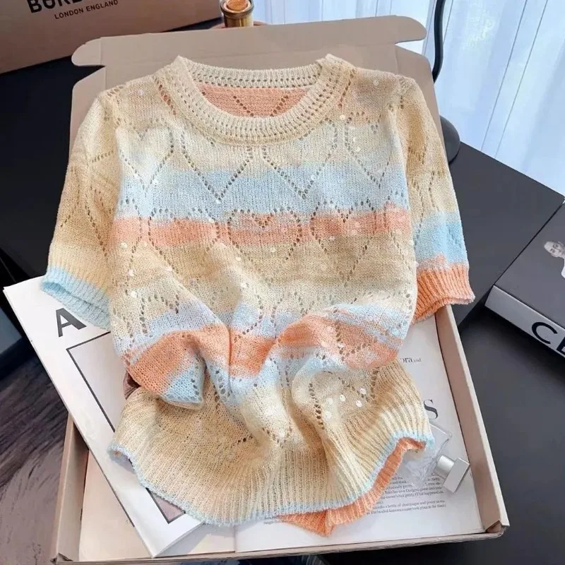 Women Knitted T-shirt Summer Short Sleeve Tops Sequins Sweet Knitwear Pullover Thin Tees Chic Design Sweater Soft Black White
Women Knitted T-shirt Summer Short Sleeve Tops Sequins Sweet Knitwear Pullover Thin Tees Chic Design Sweater Soft Black White
