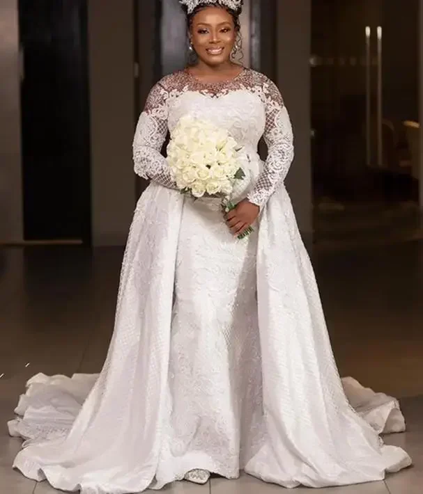 Customized Plus Size Arabic Custom Luxurious Mermaid Sexy Gowns Sheer Neck Lace Beaded Long Sleeves Detachable Train Wedding Dre
Customized Plus Size Arabic Custom Luxurious Mermaid Sexy Gowns Sheer Neck Lace Beaded Long Sleeves Detachable Train Wedding Dre
