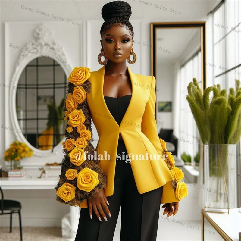 Yellow Black Women Suit Set 3 Pcs Top Bra+Blazer+Pants Trousers Formal Office Lady Jacket 3D Flower Wedding Coat Customized 
Yellow Black Women Suit Set 3 Pcs Top Bra+Blazer+Pants Trousers Formal Office Lady Jacket 3D Flower Wedding Coat Customized