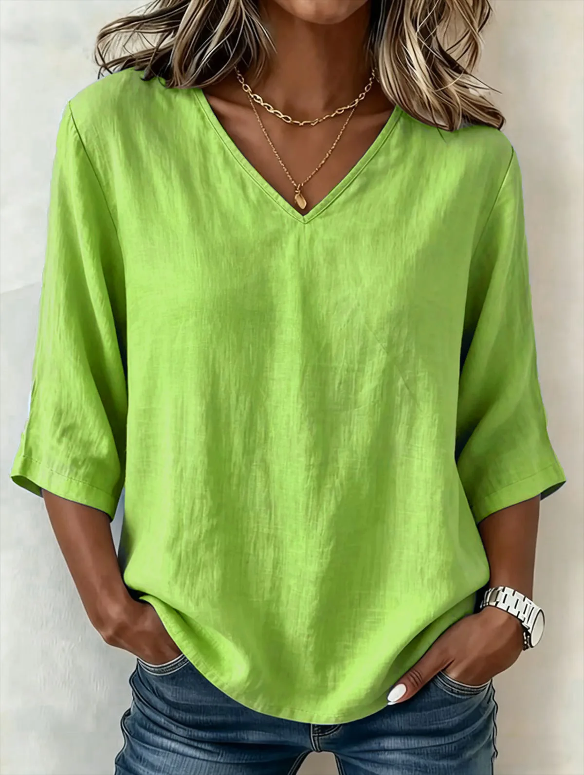 Casual V-Neck Pure Color Three-Quarter Sleeve T-Shirt Women's Versatile Daily Wear Cotton Top Fashionable Comfortable Fit
Casual V-Neck Pure Color Three-Quarter Sleeve T-Shirt Women's Versatile Daily Wear Cotton Top Fashionable Comfortable Fit