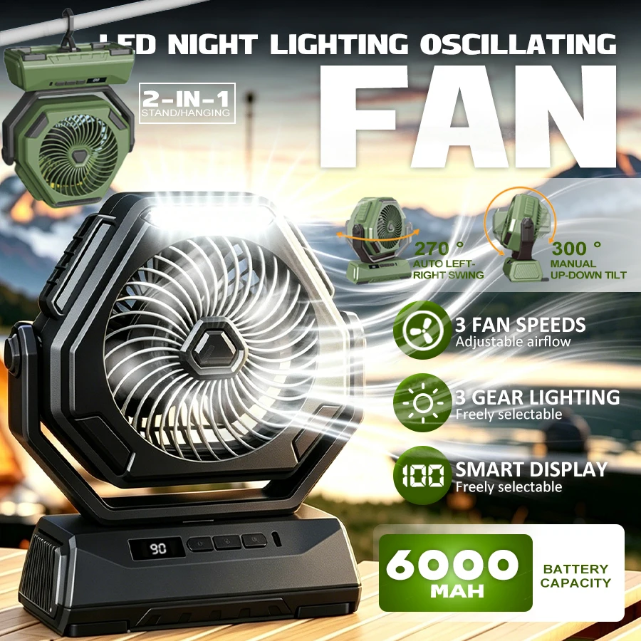 6000mAh Camping Fan, 3-Speed, 300° Swivel, LED Display & Light, 3-in-1 Clip/Desk/Hanging for Outdoor
6000mAh Camping Fan, 3-Speed, 300° Swivel, LED Display & Light, 3-in-1 Clip/Desk/Hanging for Outdoor