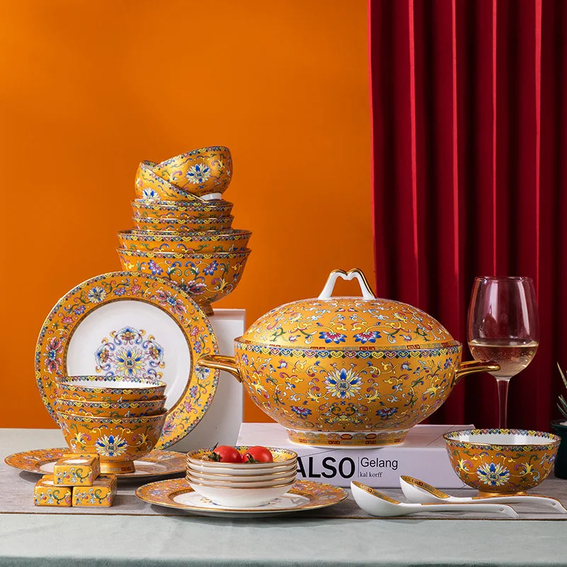 HYS Gold Enamel Tableware Set with Bowls and Plates for Home Use with Gold-Painted Palace Style Housewarming
HYS Gold Enamel Tableware Set with Bowls and Plates for Home Use with Gold-Painted Palace Style Housewarming