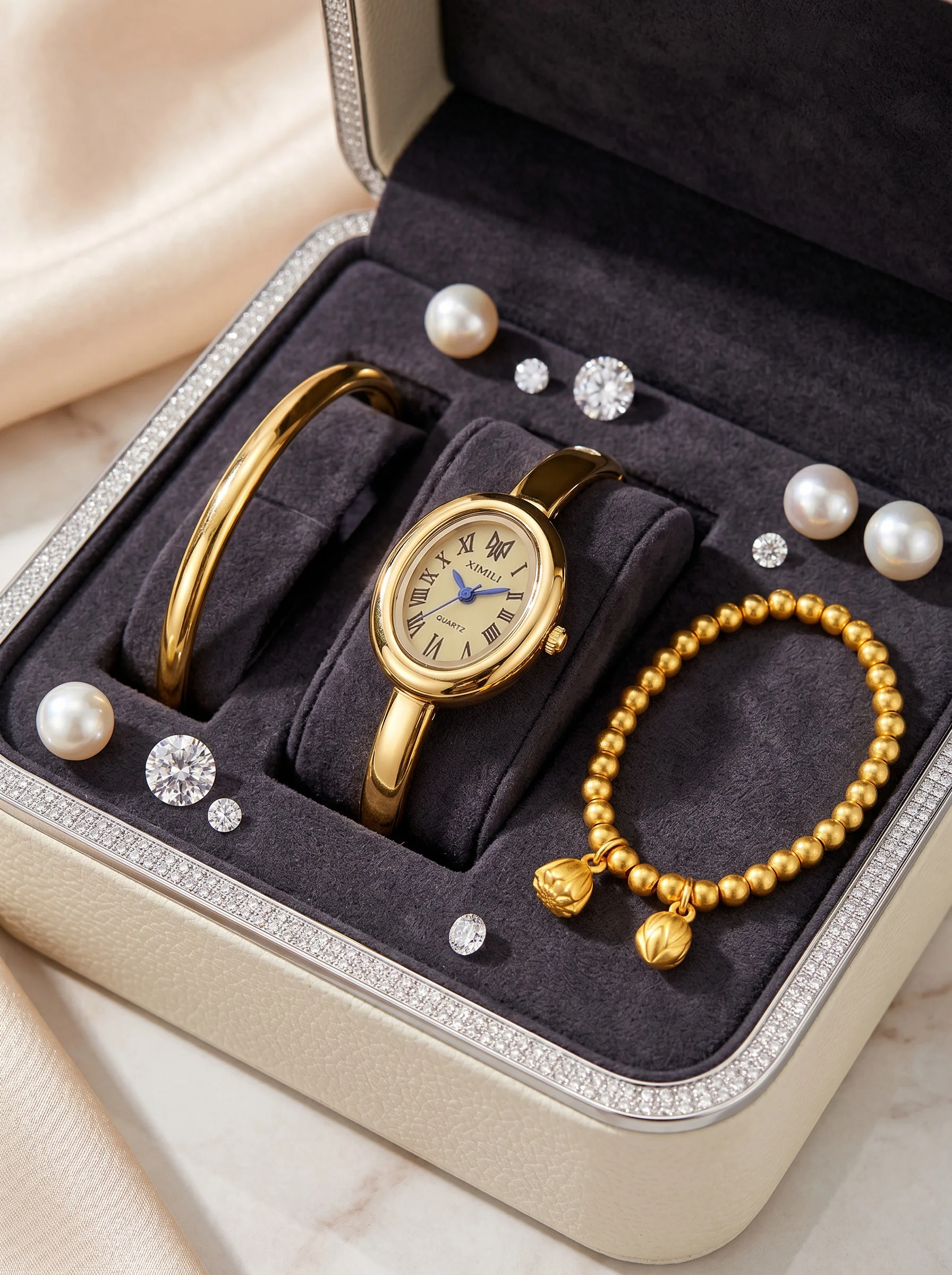 3pcs/set Teen 3Pcs XIMILI Gold Watch, Bangle & Bracelet Set, No Box for Back To School, Vacation & Holiday Teen Daily Wear
3pcs/set Teen 3Pcs XIMILI Gold Watch, Bangle & Bracelet Set, No Box for Back To School, Vacation & Holiday Teen Daily Wear