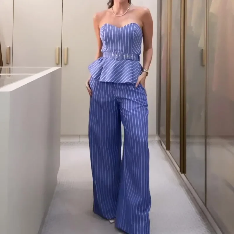 Sleeveless Strapless Tank Top Stripes Printed & Long Wide Leg Pants Women 2pcs Clothes Set Office
Sleeveless Strapless Tank Top Stripes Printed & Long Wide Leg Pants Women 2pcs Clothes Set Office