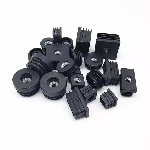 Square/Round Plastic Pipe Plugs 15~50mm Black Square/Round Plastic Pipe Plugs Adjustable Screw Foot Pad with M6 M8 M10 Nut Hole Blanking End Inserts Caps