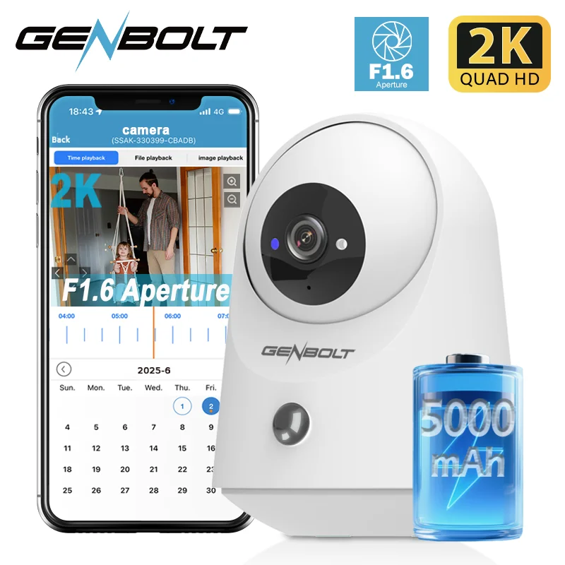 GENBOLT 5000mAh Battery 2K Security Camera, WiFi Indoor Pan Tilt PIR Motion Detection, for Home Baby Nanny Pet Monitoring
GENBOLT 5000mAh Battery 2K Security Camera, WiFi Indoor Pan Tilt PIR Motion Detection, for Home Baby Nanny Pet Monitoring