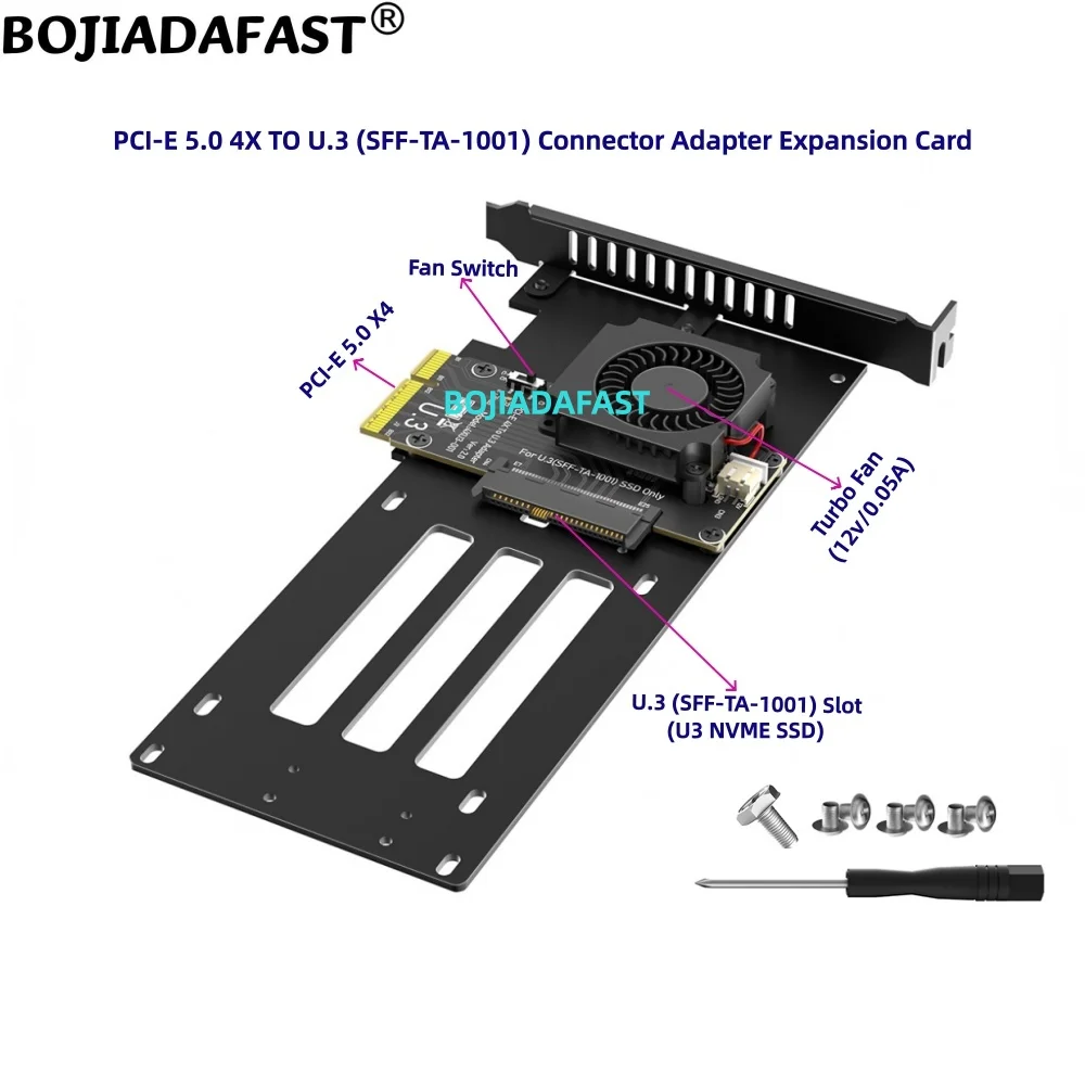 PCI-E 5.0 X4 to U.3 (SFF-TA-1001) NVMe SSD Adapter Expansion Card With 12V Turbo Cooling Fan for Desktop Server
PCI-E 5.0 X4 to U.3 (SFF-TA-1001) NVMe SSD Adapter Expansion Card With 12V Turbo Cooling Fan for Desktop Server