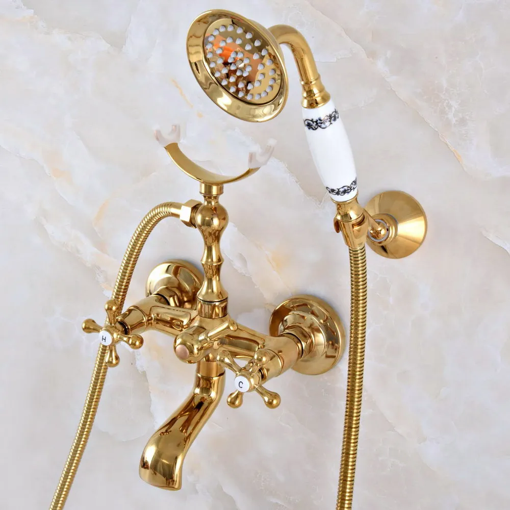 Luxury Golden Brass Double Handle Wall Mounted Bathroom Bath Tub Faucet Set with 1.5M Hand Held Shower Spray Mixer Tap 2na919
Luxury Golden Brass Double Handle Wall Mounted Bathroom Bath Tub Faucet Set with 1.5M Hand Held Shower Spray Mixer Tap 2na919