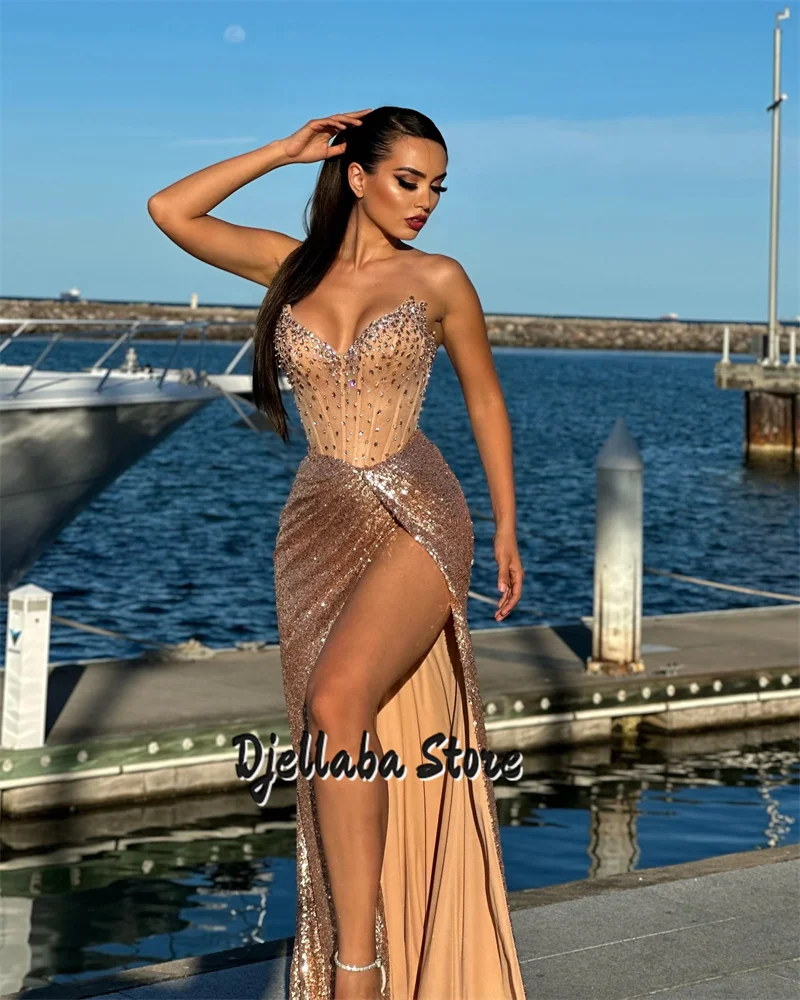Champagne Sequins Sweetheart Mermaid Evening Dresses 2025 Side High Split Prom Dresses Crystal Formal Party Drss Customized
Champagne Sequins Sweetheart Mermaid Evening Dresses 2025 Side High Split Prom Dresses Crystal Formal Party Drss Customized 