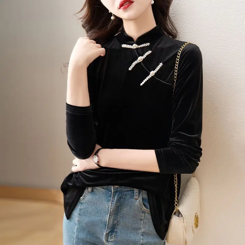 Top Long Sleeve Gold Velvet Shirt Retro Stand Collar Modified Cheongsam
Top Long Sleeve Gold Velvet Shirt Retro Stand Collar Modified Cheongsam