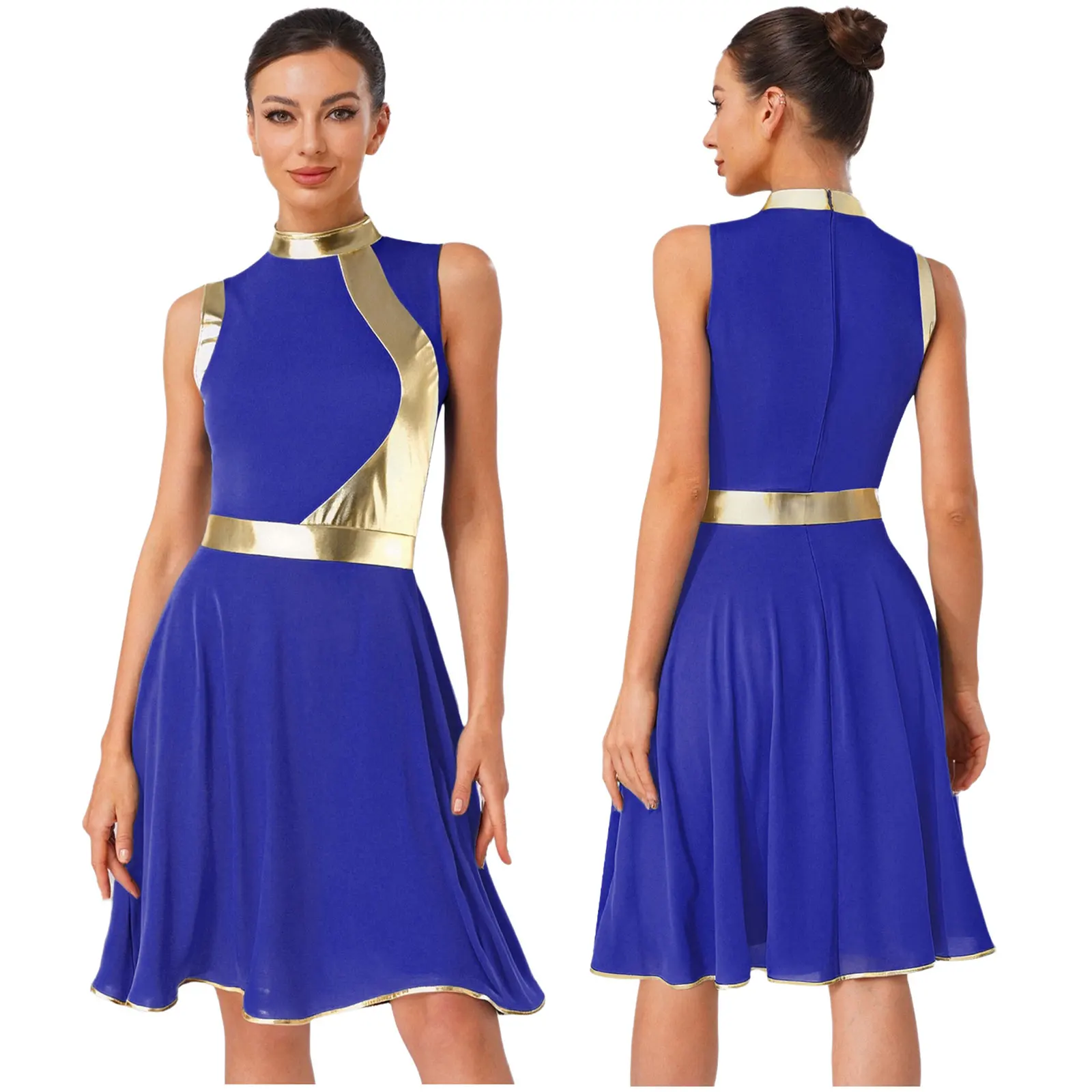 Womens Liturgical Worship Dance Dress Metallic Patchwork Mock Neck Sleeveless A Line Modern Dance Costume for Church Dance
Womens Liturgical Worship Dance Dress Metallic Patchwork Mock Neck Sleeveless A Line Modern Dance Costume for Church Dance