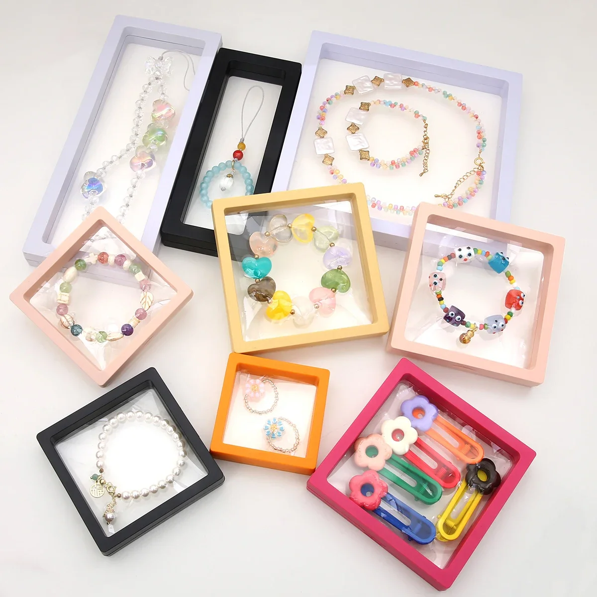 Colorful 3D Floating PE Film Jewelry Case, Free-Stand Membrane Storage Box, Ring Earring Necklace Display Frame
Colorful 3D Floating PE Film Jewelry Case, Free-Stand Membrane Storage Box, Ring Earring Necklace Display Frame