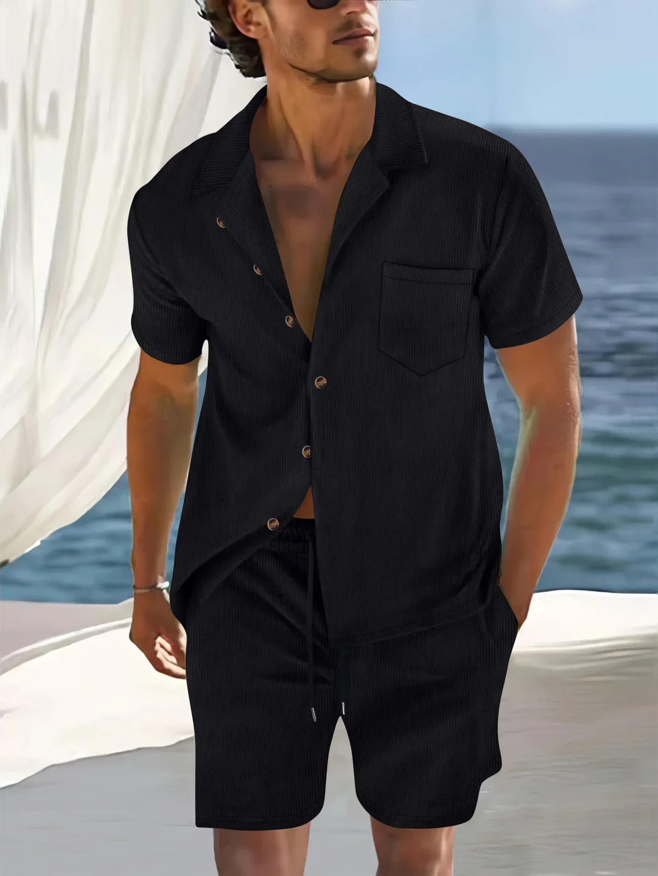 American European Style Summer New Fashion Men's Casual Trendy Solid Color Cuban Collar Short Sleeve Shirts Knee Length Shorts
American European Style Summer New Fashion Men's Casual Trendy Solid Color Cuban Collar Short Sleeve Shirts Knee Length Shorts