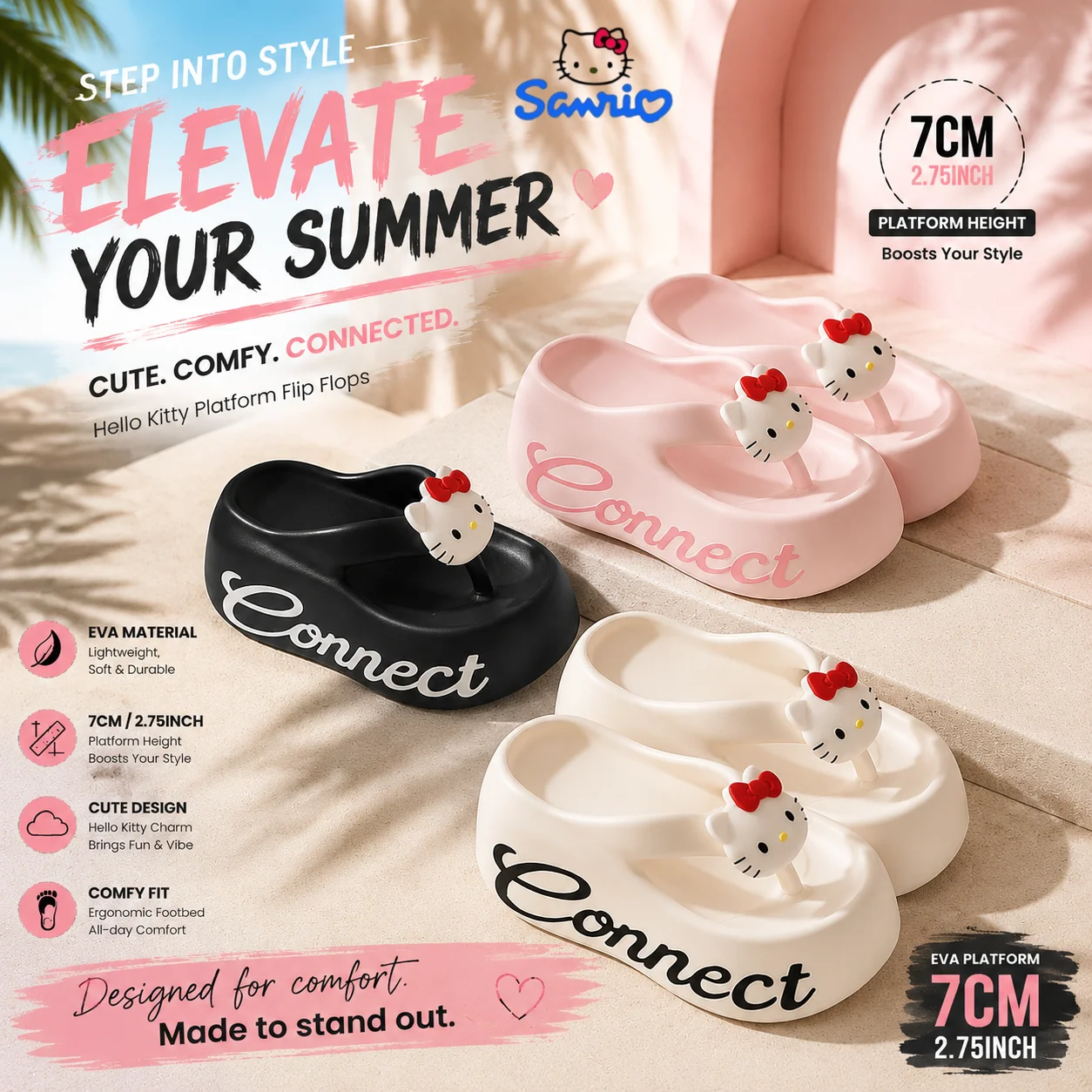 Sanrio Hello Kitty Summer EVA 7cmThick Sole Flip Flops Petite Height Boost Women Girl Cute Cartoon Sandal Non Slip Outsole Daily
Sanrio Hello Kitty Summer EVA 7cmThick Sole Flip Flops Petite Height Boost Women Girl Cute Cartoon Sandal Non Slip Outsole Daily