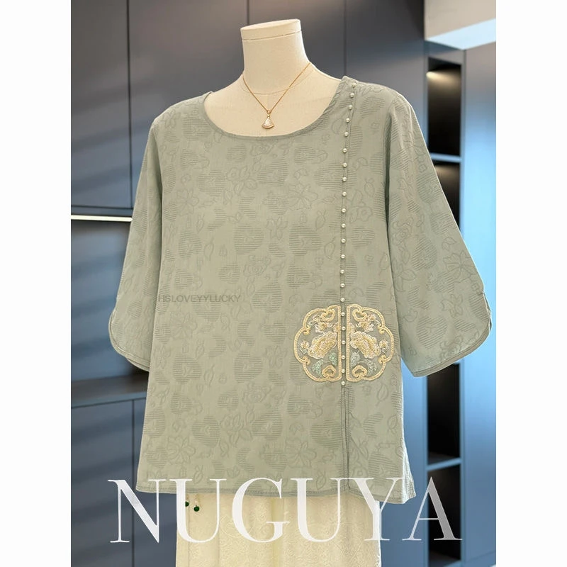 Новая хлопково-льняная рубашка в китайском стиле в национальном стиле с рукавами 3/4, новый стильный топ с темпераментным женским топом с круглым вырезом 
Новая хлопково-льняная рубашка в китайском стиле в национальном стиле с рукавами 3/4, новый стильный топ с темпераментным женским топом с круглым вырезом