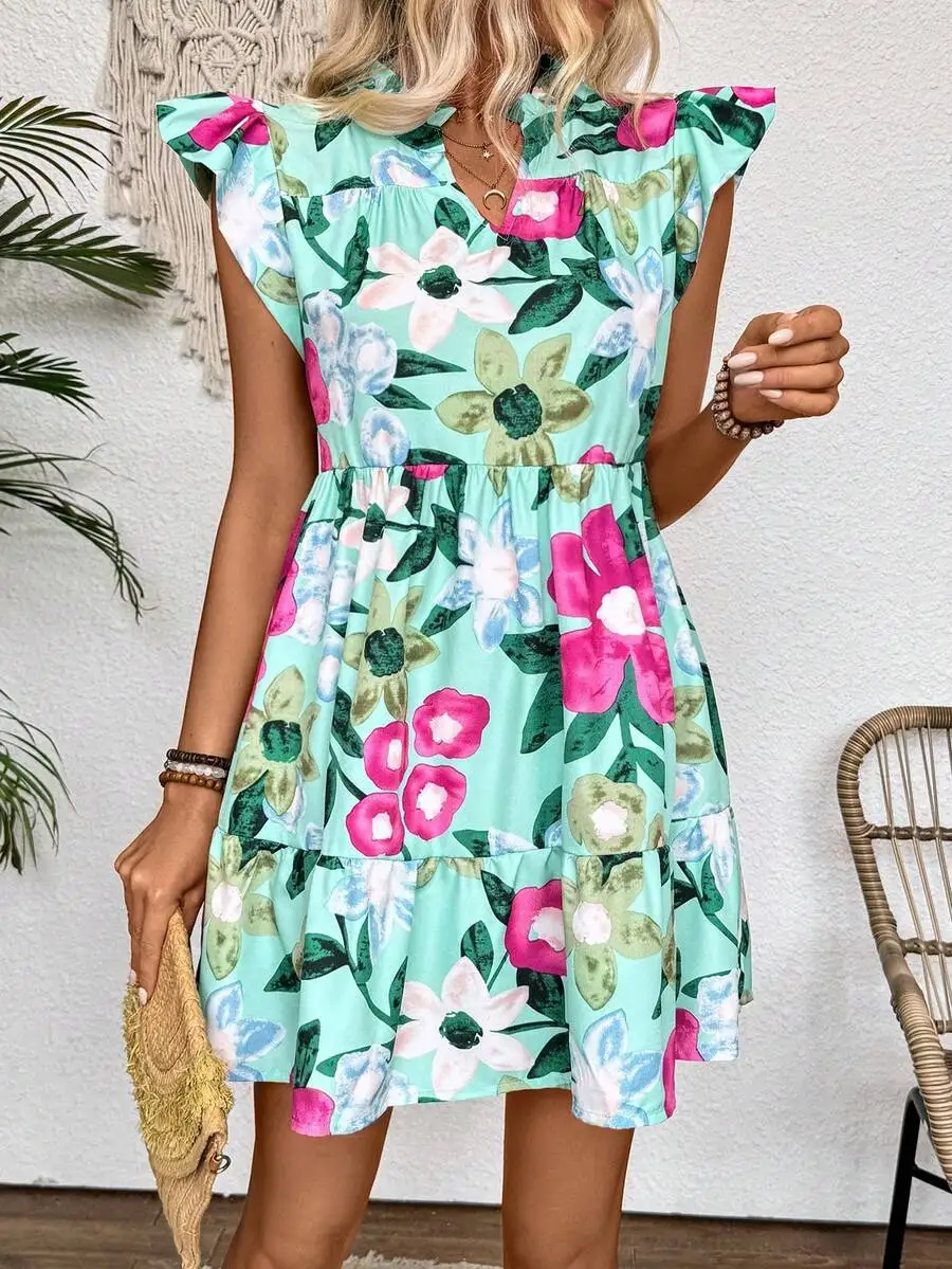 Women Summer Floral Printed V-Neck Cap Sleeve Tiered Dress With Slit
Women Summer Floral Printed V-Neck Cap Sleeve Tiered Dress With Slit
