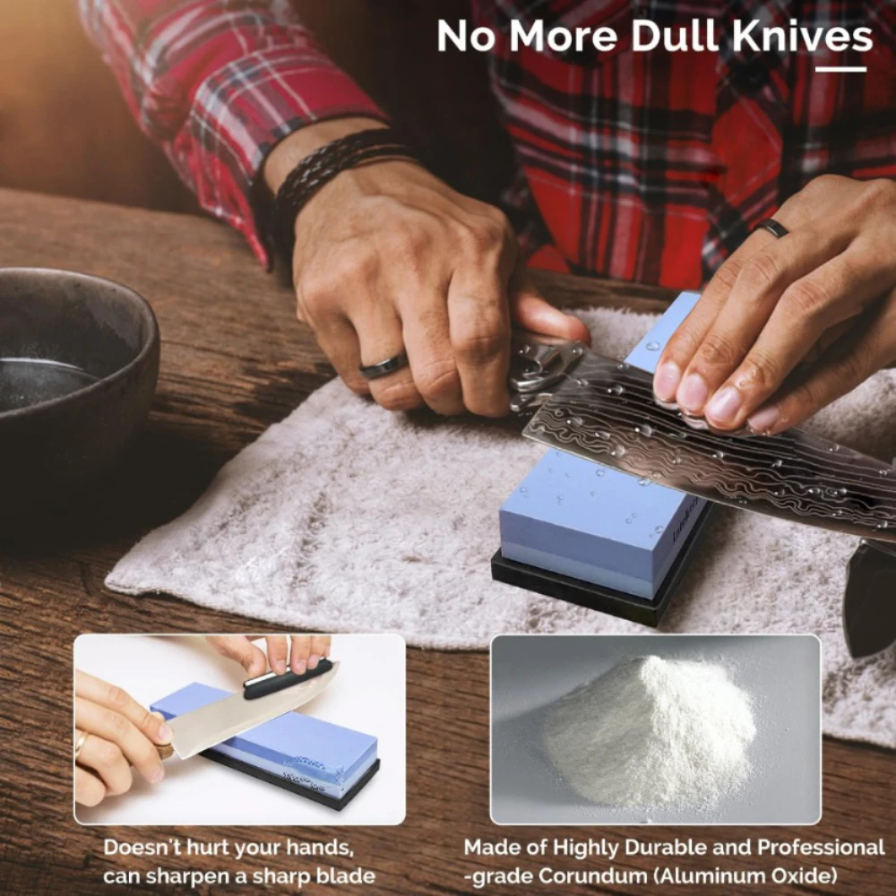 Dual Grit Whetstone Knife Sharpener with Leather Strop, Flattening Stone, Bamboo Base, 3 Non-slip Rubber Bases & Angle Guide
Dual Grit Whetstone Knife Sharpener with Leather Strop, Flattening Stone, Bamboo Base, 3 Non-slip Rubber Bases & Angle Guide