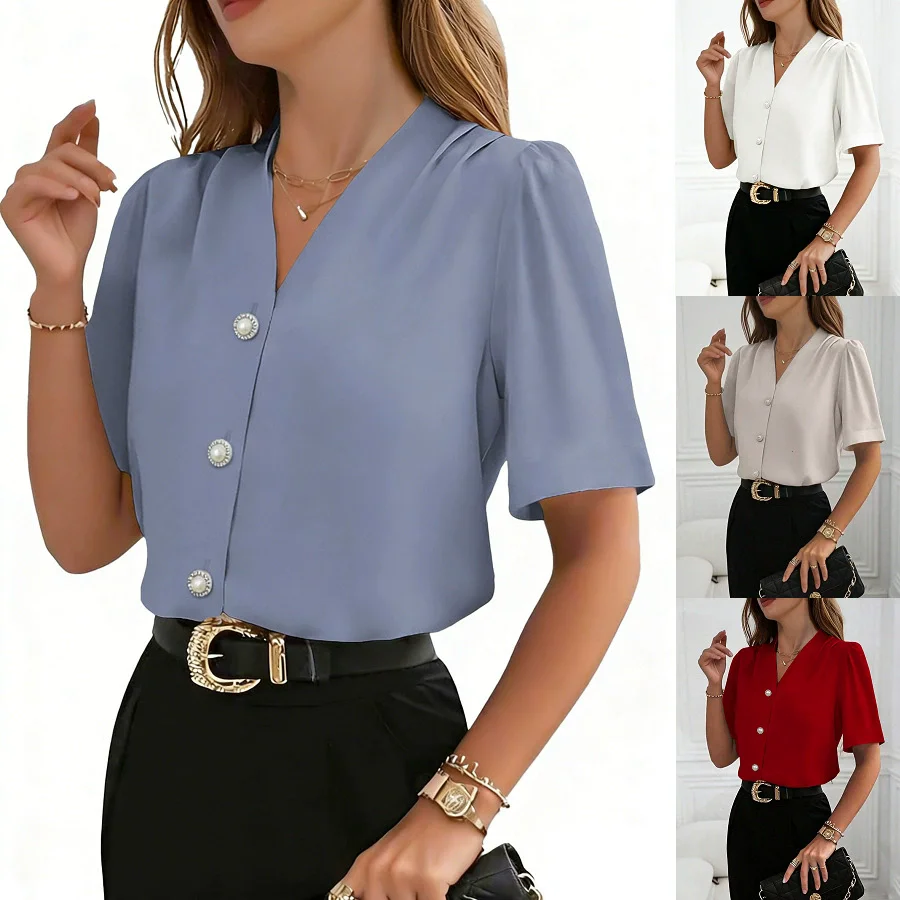 Elegant Women's Top Shirts 2026 New Summer V-Neck Fashion Casual Button Short-Sleeve Shirt For Women Work Blouses Blusas Mujer
Elegant Women's Top Shirts 2026 New Summer V-Neck Fashion Casual Button Short-Sleeve Shirt For Women Work Blouses Blusas Mujer
