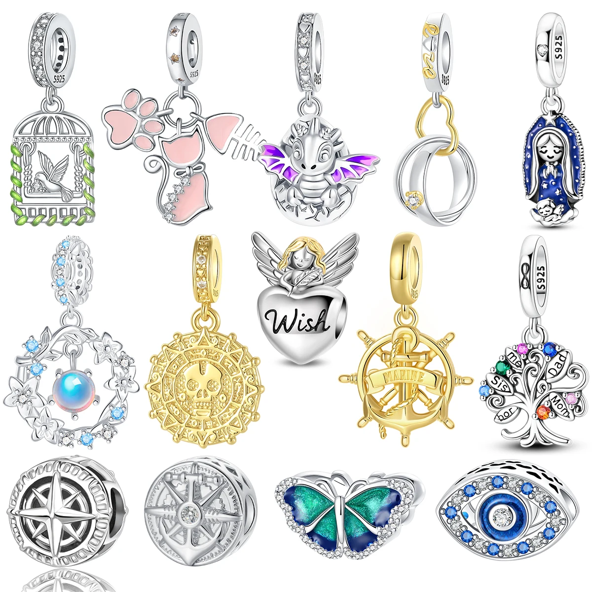 925 Sterling Silver Charm Pendant Beads Birdcage Ring Virgin Mary Ship Wheel Pentagram Butterfly Eye Charm Jewelry Fit Bracelet
925 Sterling Silver Charm Pendant Beads Birdcage Ring Virgin Mary Ship Wheel Pentagram Butterfly Eye Charm Jewelry Fit Bracelet