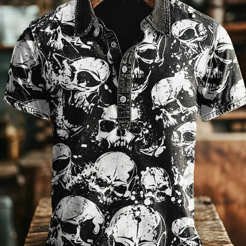 Men's 3D Retro Skull Printed Polo Shirt Summer Casual Black Short Sleeve Henry Gothic Streetwear Top Size up
Men's 3D Retro Skull Printed Polo Shirt Summer Casual Black Short Sleeve Henry Gothic Streetwear Top Size up