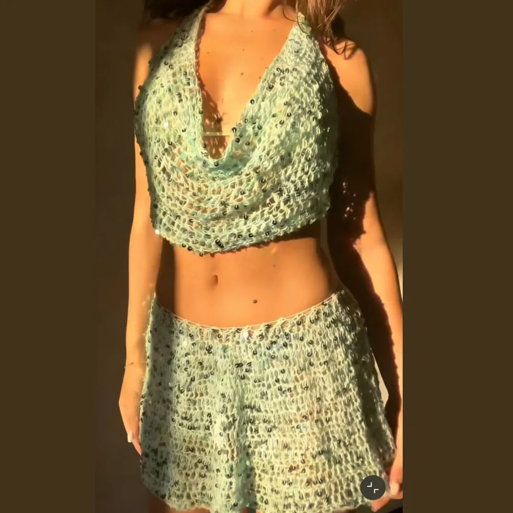 Beachapche Handmade Crochet Sequin Two Piece Set Women Halter Crop Top Mini Skirt Mint Green Beach Party Outfit
Beachapche Handmade Crochet Sequin Two Piece Set Women Halter Crop Top Mini Skirt Mint Green Beach Party Outfit