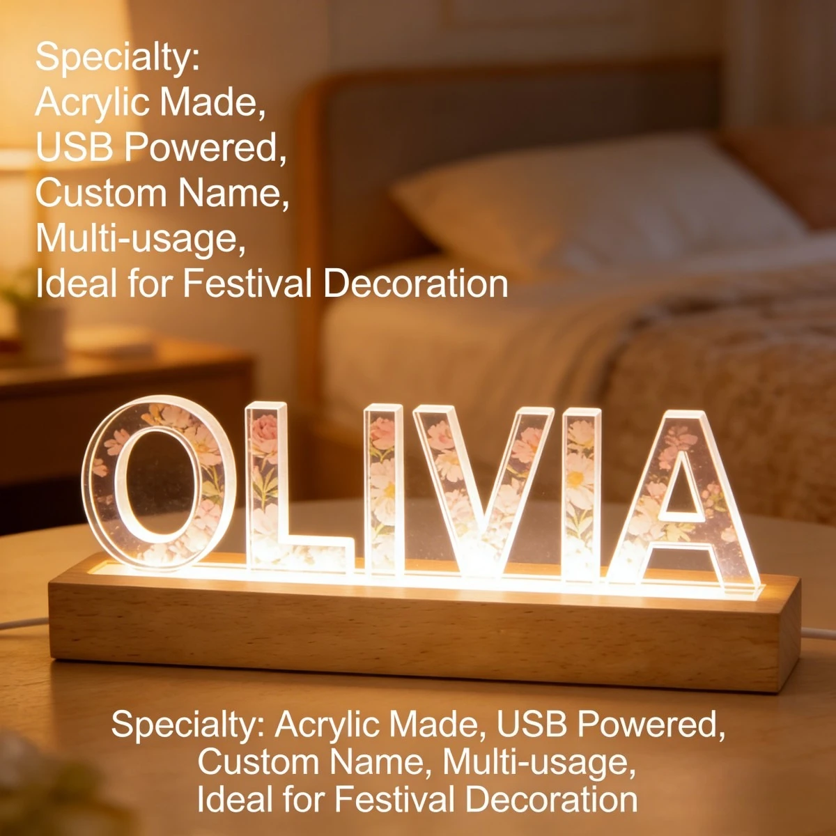 1pc Custom Text Floral Acrylic LED Name Light, Floral Decor Light for Home USB Powered Lamp with Wooden Base, Bar, Cafe, Birthd
1pc Custom Text Floral Acrylic LED Name Light, Floral Decor Light for Home USB Powered Lamp with Wooden Base, Bar, Cafe, Birthd
