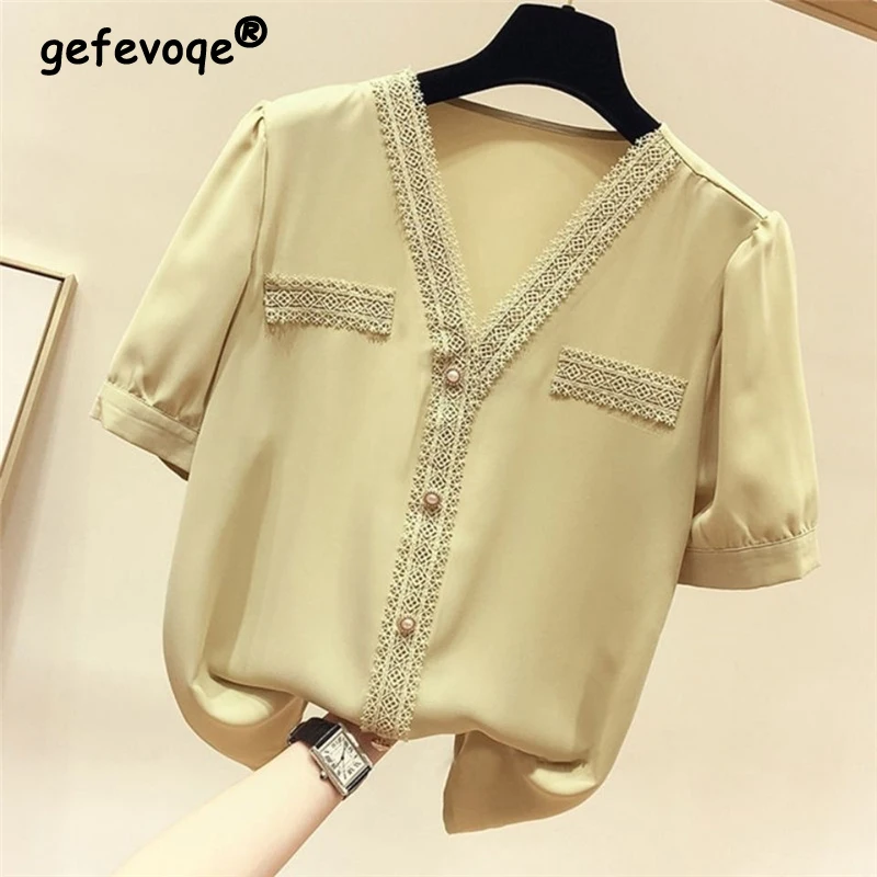 Women V Neck Lace Patchwork Elegant Blouse New Summer Korean Fashion Short Sleeve Loose with Beaded Button Shirt Solid Chic Tops
Women V Neck Lace Patchwork Elegant Blouse New Summer Korean Fashion Short Sleeve Loose with Beaded Button Shirt Solid Chic Tops