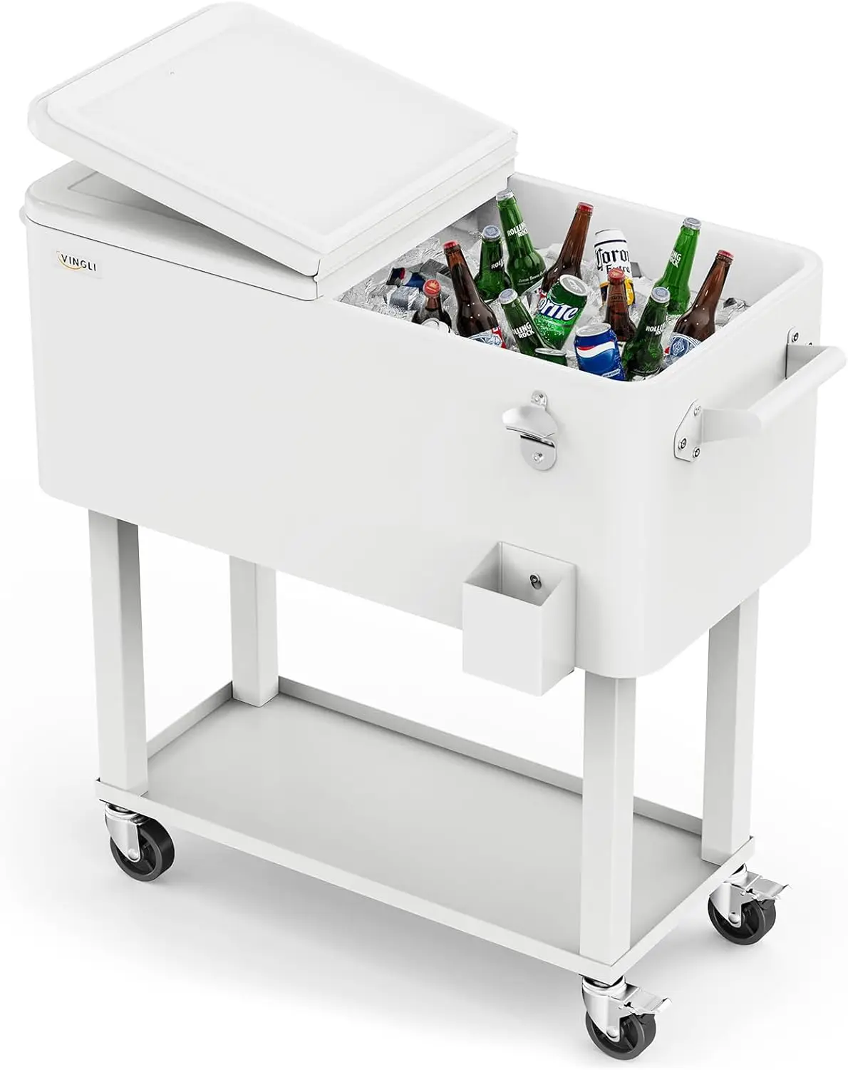 80 Quart Rolling Ice Chest, Portable Patio Party Bar Drink Cooler Cart, with Shelf, Beverage Pool with Bottle Opener
80 Quart Rolling Ice Chest, Portable Patio Party Bar Drink Cooler Cart, with Shelf, Beverage Pool with Bottle Opener