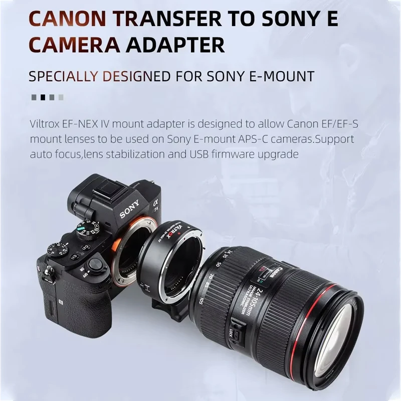 VILTROX EF-NEX IV EF-E5 Adapter for Canon EF Sony E Mount High-Speed Auto Focus Stable Compatibility with Mirrorless Cameras
VILTROX EF-NEX IV EF-E5 Adapter for Canon EF Sony E Mount High-Speed Auto Focus Stable Compatibility with Mirrorless Cameras