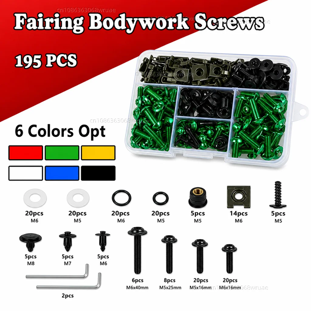 Complete Fairing Bolts and Screws Kit 195PCS for Kawasaki Ninja 650R 1000 Versys 650 Z750 Z1000 ZZR600 ZX6R ZX7R ZX9R ZX10R ZX12
Complete Fairing Bolts and Screws Kit 195PCS for Kawasaki Ninja 650R 1000 Versys 650 Z750 Z1000 ZZR600 ZX6R ZX7R ZX9R ZX10R ZX12