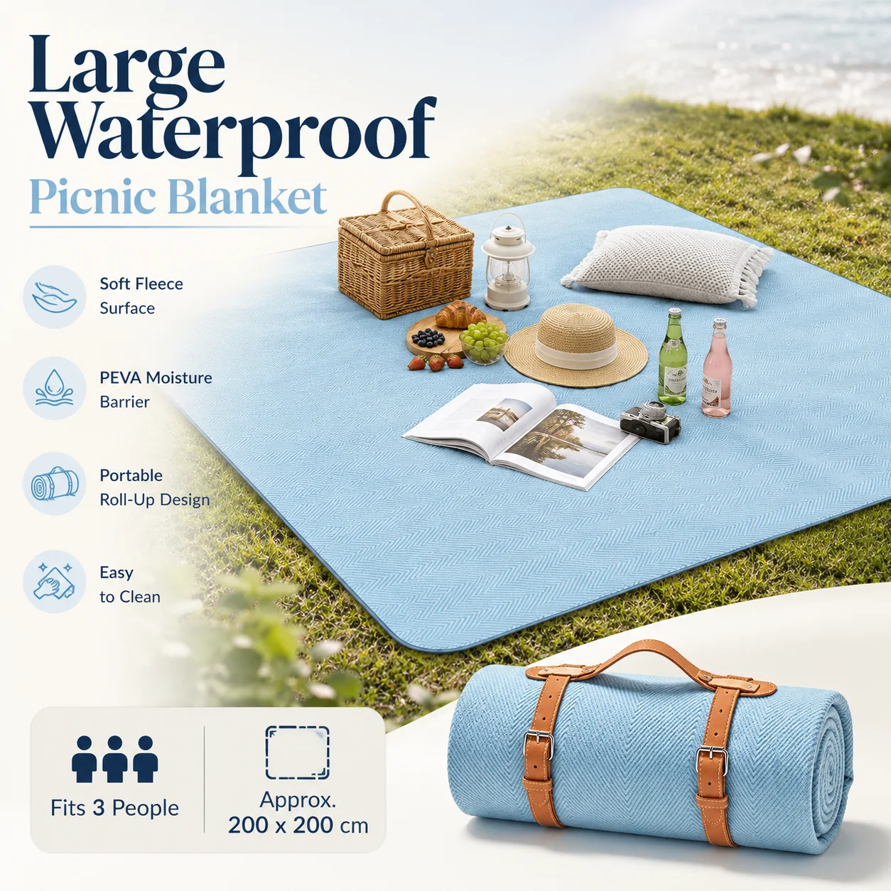 200x200cm Waterproof Picnic Mat With Fleece Top And PEVA Backing Portable Rollable Outdoor Camping Blanket For Beach Picnic
200x200cm Waterproof Picnic Mat With Fleece Top And PEVA Backing Portable Rollable Outdoor Camping Blanket For Beach Picnic