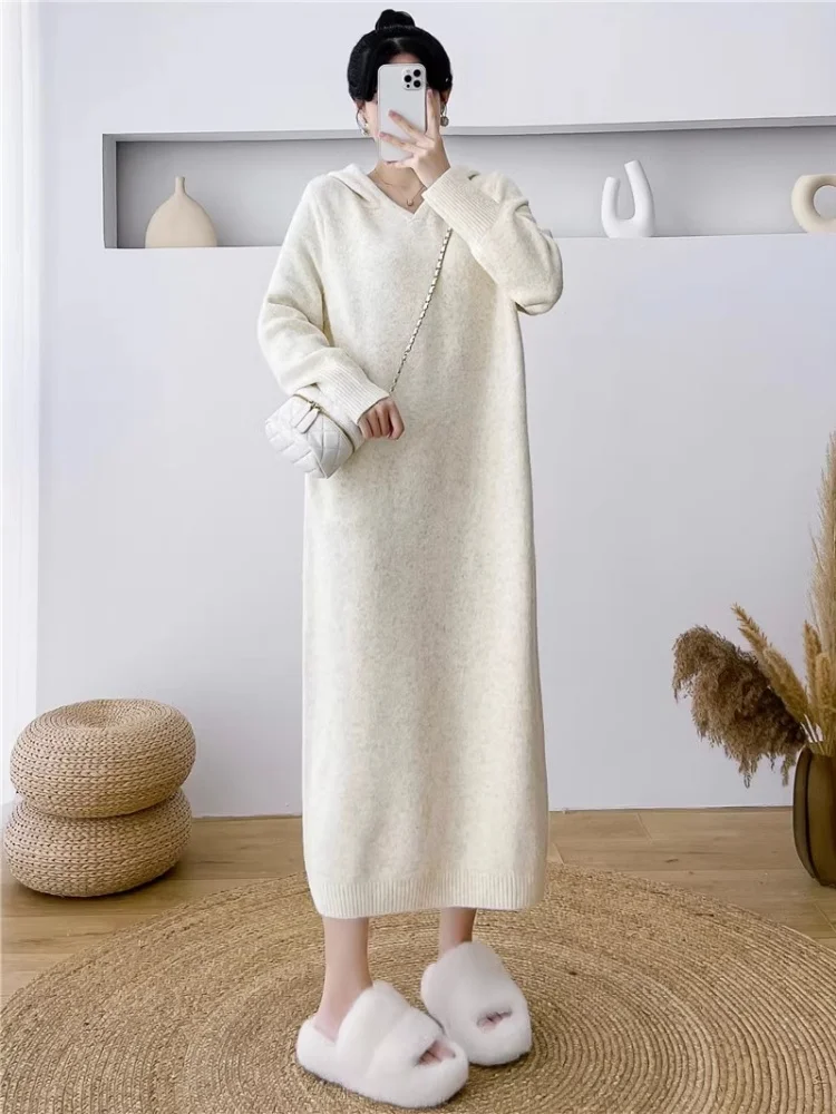 Autumn Winter Women's Sweater Hight Street Clothes Loose-fit Hoodie Sweater Solid Color Ladies Long Bottom Knit Dress Coat
Autumn Winter Women's Sweater Hight Street Clothes Loose-fit Hoodie Sweater Solid Color Ladies Long Bottom Knit Dress Coat