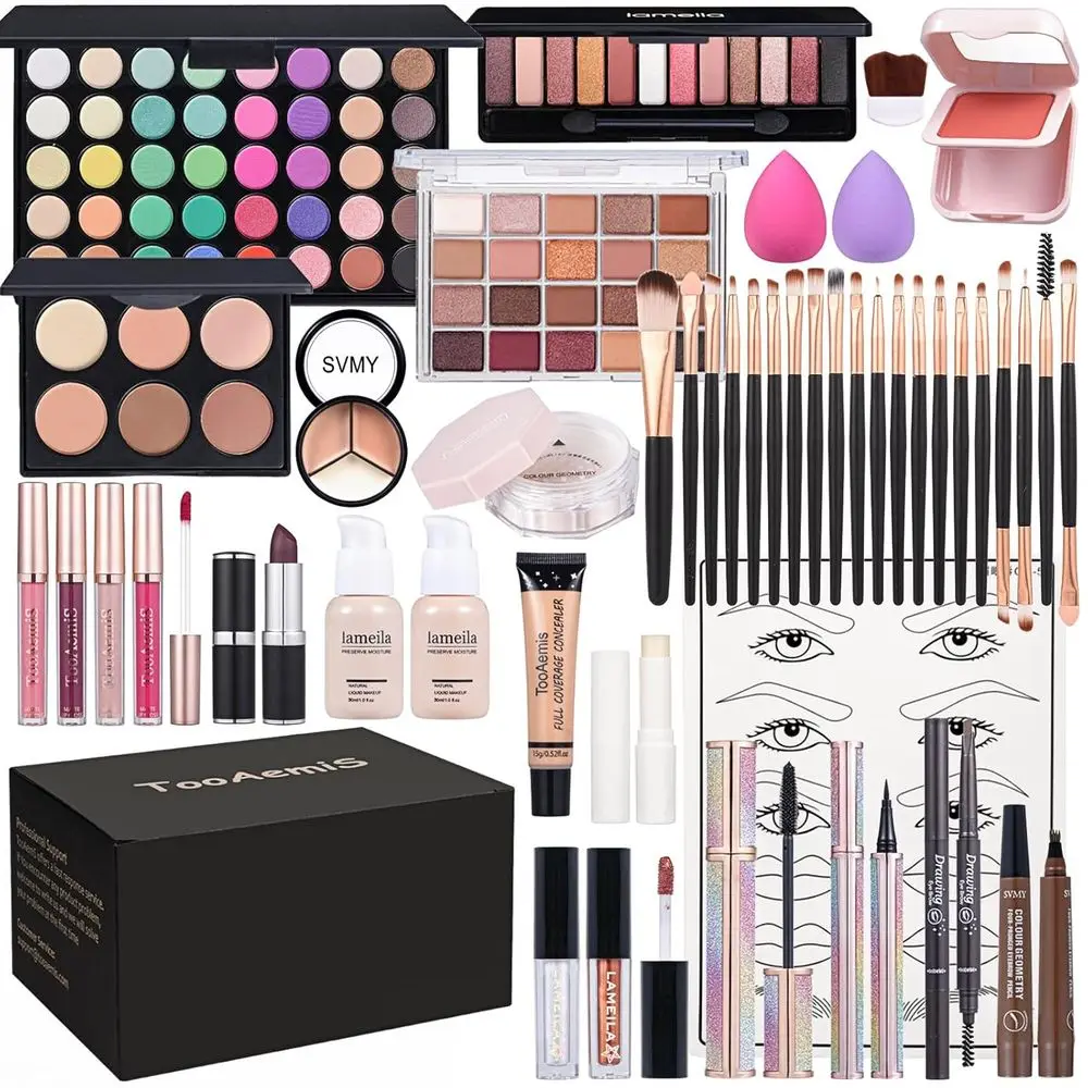 Makeup Set with Liquid Foundation, Loose Powder, Eyebrow Pencil, Lipstick, Eye Pencil, Brushes, Makeup Board, 4-Color Lip Gloss
Makeup Set with Liquid Foundation, Loose Powder, Eyebrow Pencil, Lipstick, Eye Pencil, Brushes, Makeup Board, 4-Color Lip Gloss
