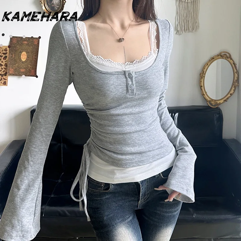 KAMEHARA Sweet Wind Half Open Button U Neck Drawstring Waist Thin Flared Sleeve Smock Girl Lace Splicing Camisole Two-piece Sets
KAMEHARA Sweet Wind Half Open Button U Neck Drawstring Waist Thin Flared Sleeve Smock Girl Lace Splicing Camisole Two-piece Sets