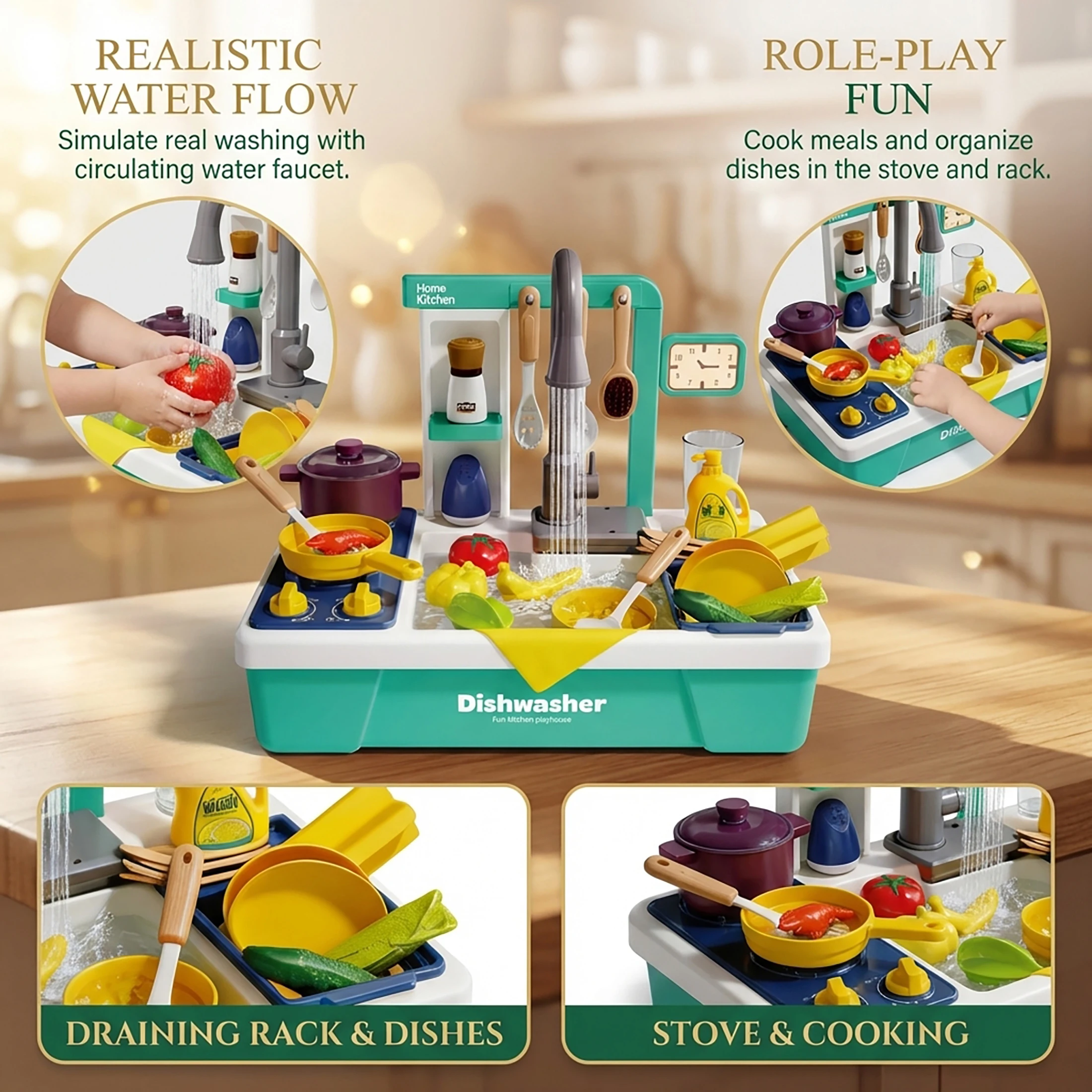 Pretend play toy set electric dishwasher faucet circulating water simulated kitchen sink water play table toy
Pretend play toy set electric dishwasher faucet circulating water simulated kitchen sink water play table toy