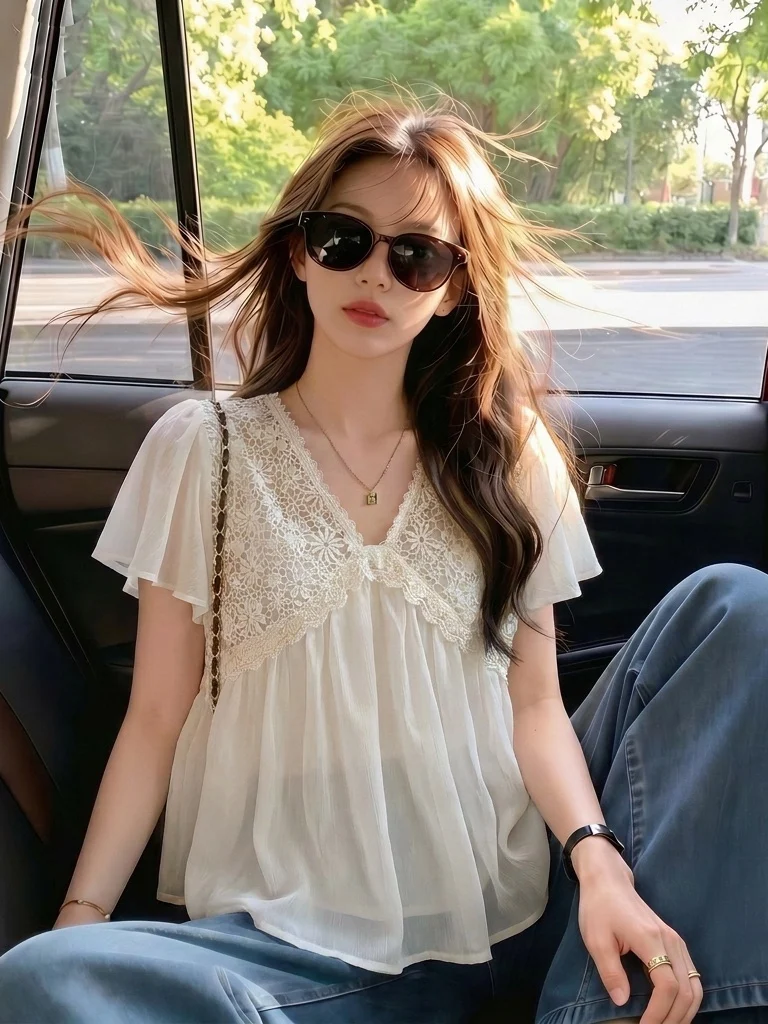 Lace Hollow out V-Neck Women's Chiffon Shirt Summer New Style plus Size Beautiful Small Top Commute Wind Loose Fit Short Sleeve
Lace Hollow out V-Neck Women's Chiffon Shirt Summer New Style plus Size Beautiful Small Top Commute Wind Loose Fit Short Sleeve