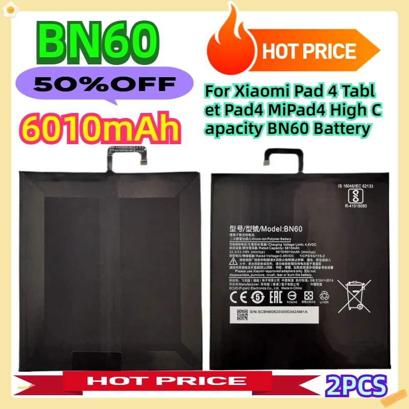 For Xiaomi Pad 4 Tablet Pad4 MiPad4 High Capacity BN60 Battery 6010mAh 2pcs
For Xiaomi Pad 4 Tablet Pad4 MiPad4 High Capacity BN60 Battery 6010mAh 2pcs