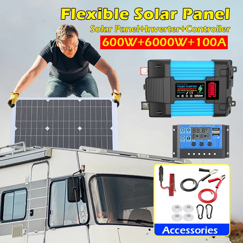 6000W Solar Panel Inverter Kit Complete Off-Grid Power System with Charge Controller, Battery Cables, Brackets for Home/RV/Boats