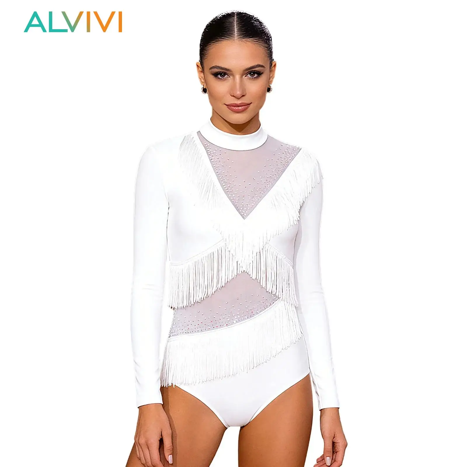 Womens Rhinestones Latin Fringed Dance Leotard Performance Costume Long Sleeve Back Zipper Crotch Ballroom Tango Dance Jumpsuit
Womens Rhinestones Latin Fringed Dance Leotard Performance Costume Long Sleeve Back Zipper Crotch Ballroom Tango Dance Jumpsuit