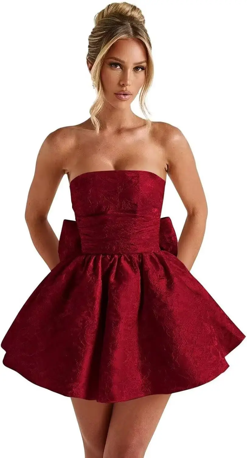 Strapless Satin Youth Back To School Dress 2025 Jacquard A-line Short Birthday Party Dance Cocktail Party Evening Dress with Bow
Strapless Satin Youth Back To School Dress 2025 Jacquard A-line Short Birthday Party Dance Cocktail Party Evening Dress with Bow