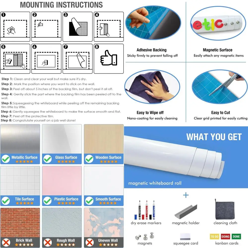 Magnetic Whiteboard Contact Paper - 48x72 Peel & Stick Dry Erase Sticker for Smooth Surfaces, Home, Office, Classroom
Magnetic Whiteboard Contact Paper - 48x72 Peel & Stick Dry Erase Sticker for Smooth Surfaces, Home, Office, Classroom