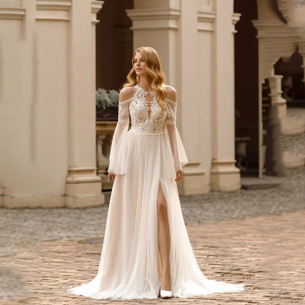 Halter Appliques Lace Wedding Dresses Removable Sleeve Wedding Gowns Backless A-line Court Side Splirt vestido de novia
Halter Appliques Lace Wedding Dresses Removable Sleeve Wedding Gowns Backless A-line Court Side Splirt vestido de novia