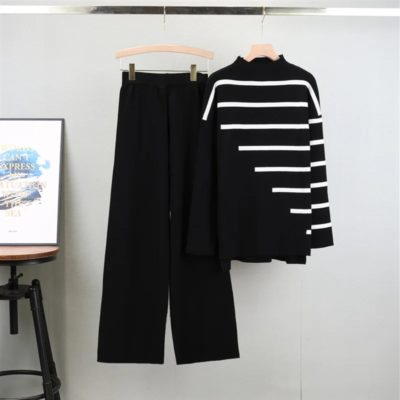 Spring Loose Knitwear 2 Pieces Sets Women Striped Long Sleeve Knit Pullover Tops Korean High Waist Wide Leg Pants Tracksuit B566
Spring Loose Knitwear 2 Pieces Sets Women Striped Long Sleeve Knit Pullover Tops Korean High Waist Wide Leg Pants Tracksuit B566