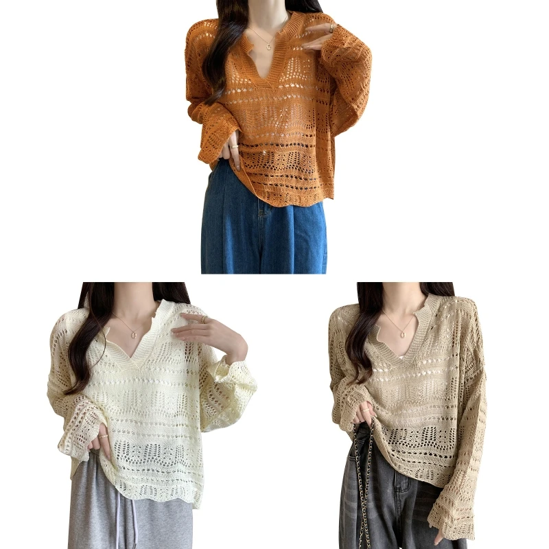 Women Autumn Long Sleeve Thin Cover Up Blouse Hollow Knit Geometric Pattern Shirts V-Neck Loose for Sun for Protection T P8DB
Women Autumn Long Sleeve Thin Cover Up Blouse Hollow Knit Geometric Pattern Shirts V-Neck Loose for Sun for Protection T P8DB