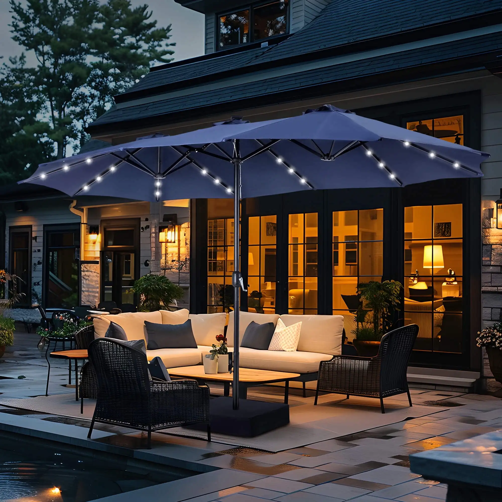 15ft Double-Sided Solar Patio Umbrella with Base Large Outdoor Umbrella with 36 PCs LED Lights, Navy Blue
15ft Double-Sided Solar Patio Umbrella with Base Large Outdoor Umbrella with 36 PCs LED Lights, Navy Blue